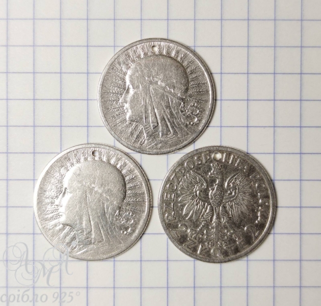Монета 2 Злотых с отверстием 1мм Серебро 700 пробы